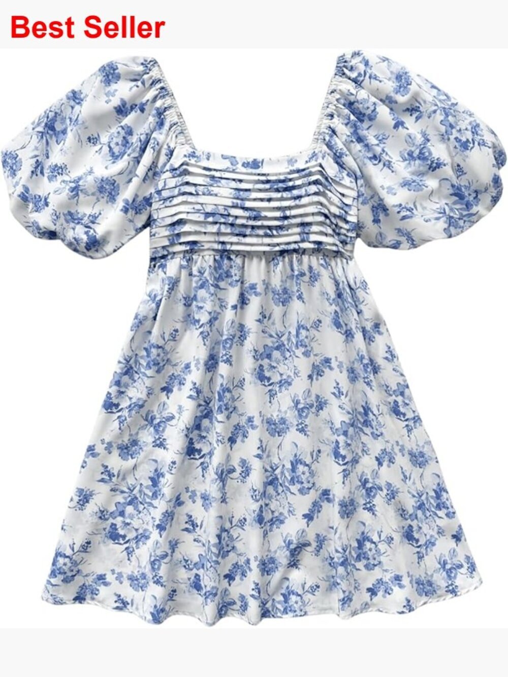 Polyester Blend Floral Mini Dress Puff Sleeves Square Neck Casual
